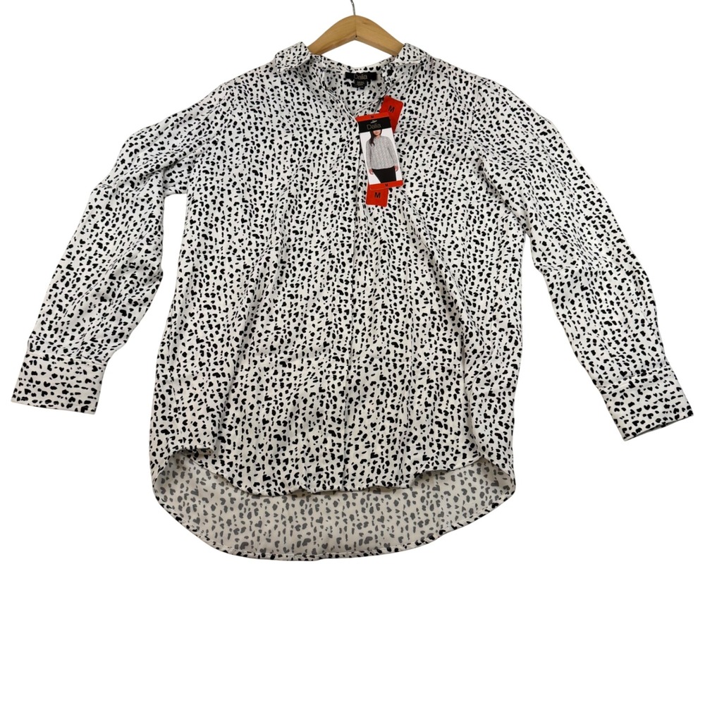 Dalia Womens M Heart Print Button Down Blouse Black White CO5595-184 NWT